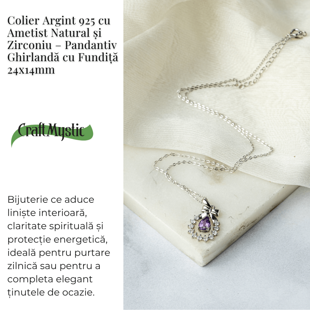 Colier Argint 925 cu Ametist Natural si Zirconiu – Pandantiv Ghirlanda cu Fundita, Simbol al Linistii Interioare si Protectiei Energetice [3]