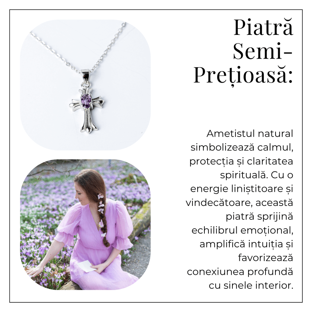 Colier Argint 925 cu Ametist Natural in Forma de Cruce – Liniste, Claritate si Protectie Energetica [6]