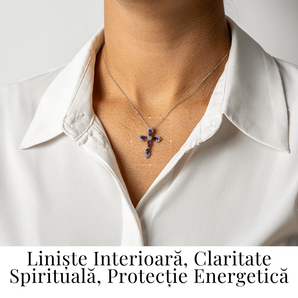 Colier Argint 925 cu Crucifix din Ametist Natural si Zirconiu – Simbol al Linistii Interioare si Protectiei Spirituale [2]