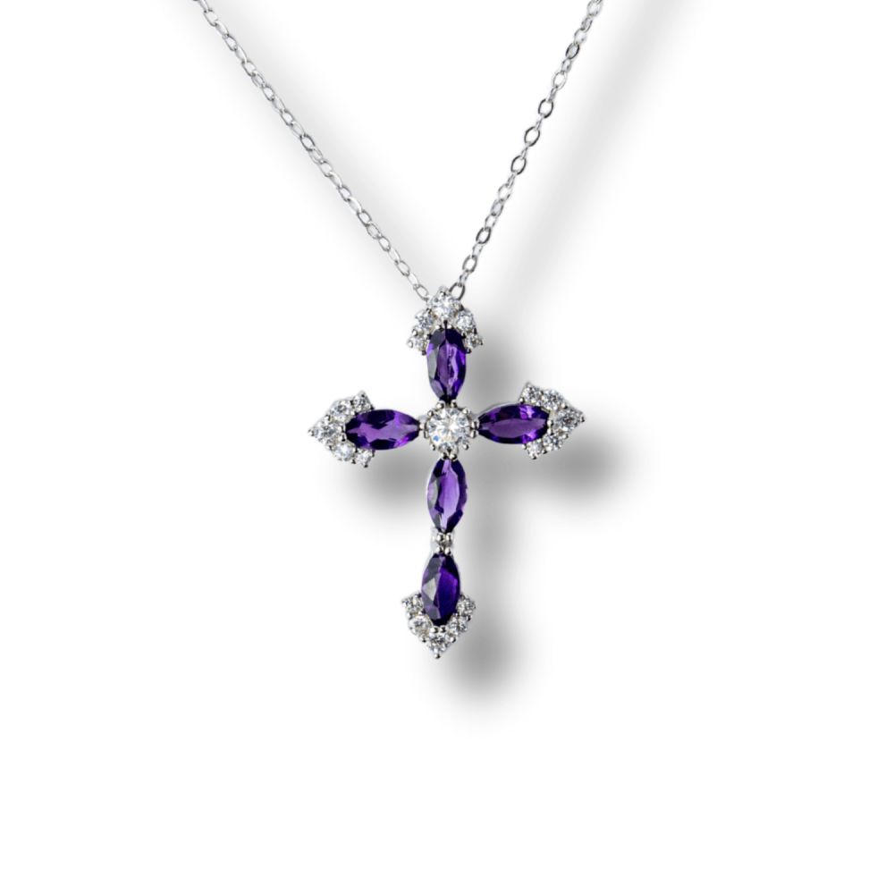 Colier Argint 925 cu Crucifix din Ametist Natural si Zirconiu – Simbol al Linistii Interioare si Protectiei Spirituale [1]