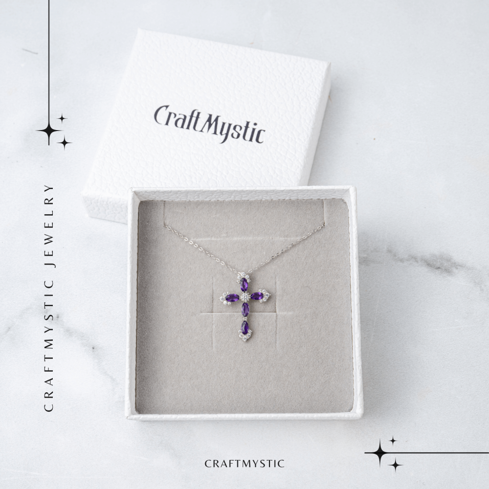 Colier Argint 925 cu Crucifix din Ametist Natural si Zirconiu – Simbol al Linistii Interioare si Protectiei Spirituale [7]