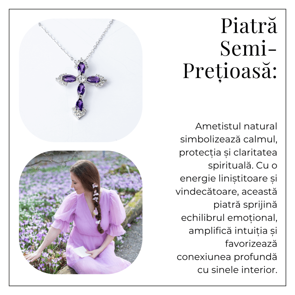 Colier Argint 925 cu Crucifix din Ametist Natural si Zirconiu – Simbol al Linistii Interioare si Protectiei Spirituale [6]