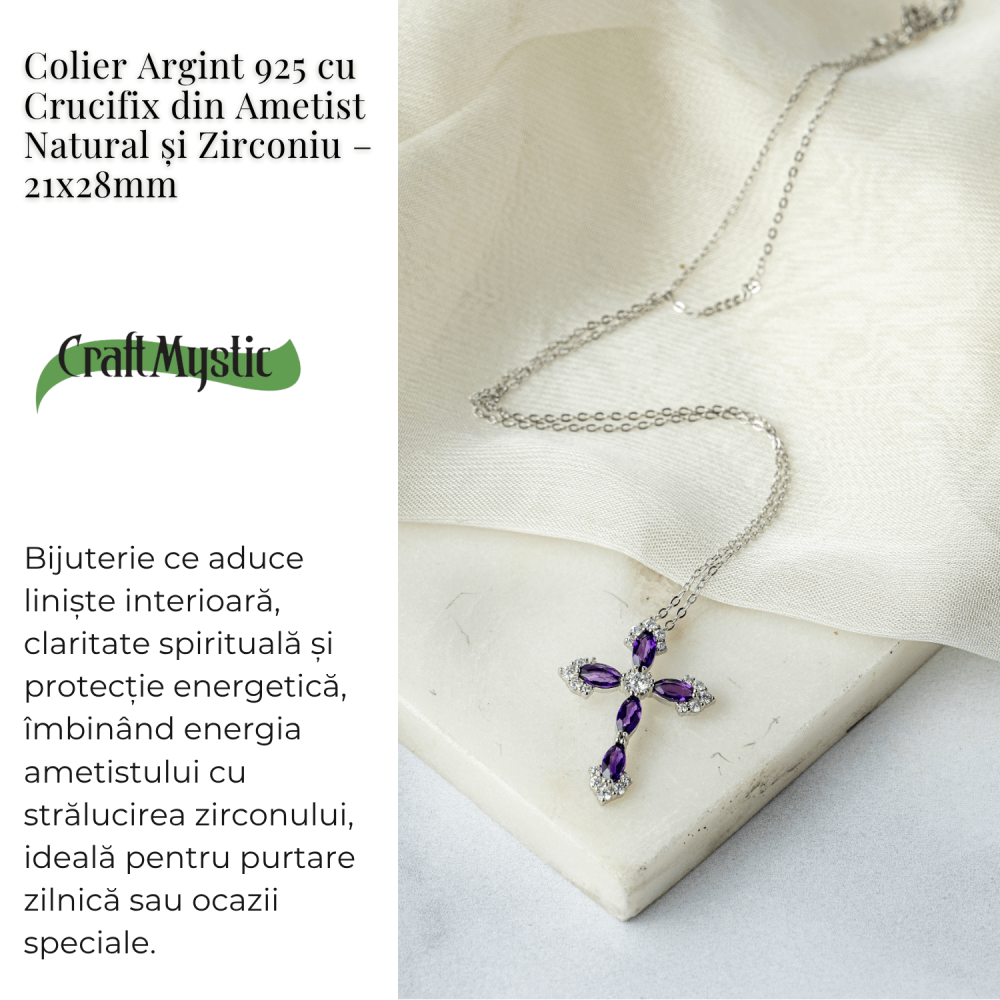 Colier Argint 925 cu Crucifix din Ametist Natural si Zirconiu – Simbol al Linistii Interioare si Protectiei Spirituale [3]