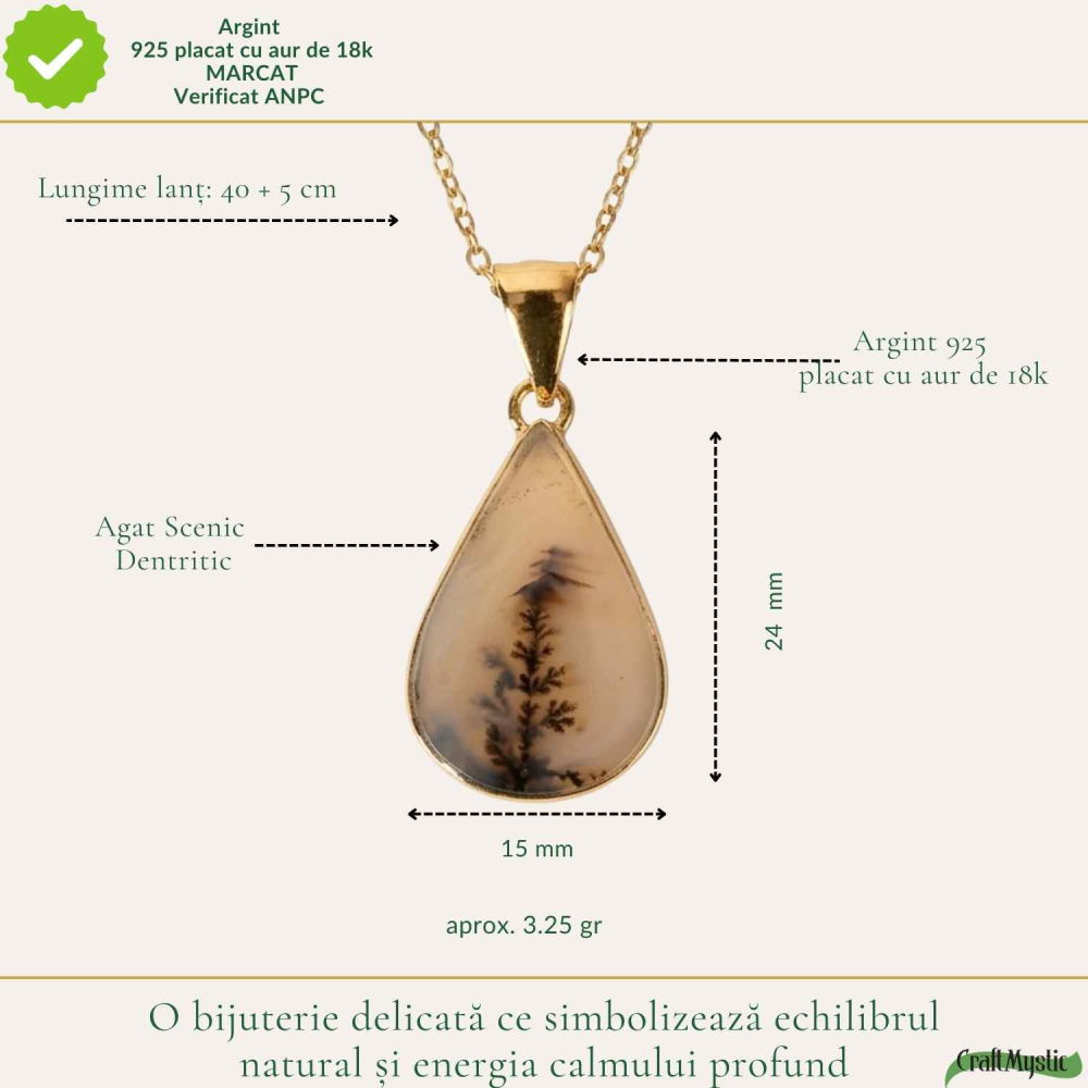 Colier Argint 925 Placat Aur 18K cu Agat Scenic Dendritic Natural – Echilibru si Conexiune cu Natura [4]