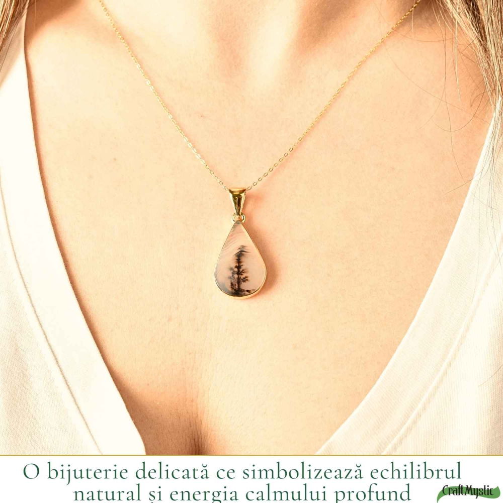 Colier Argint 925 Placat Aur 18K cu Agat Scenic Dendritic Natural – Echilibru si Conexiune cu Natura [2]