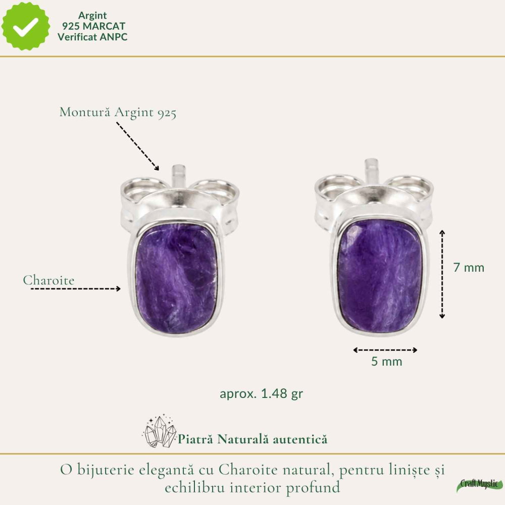 Cercei Argint 925 cu Charoite Natural Dreptunghiular – Intuitie si Eleganta [4]