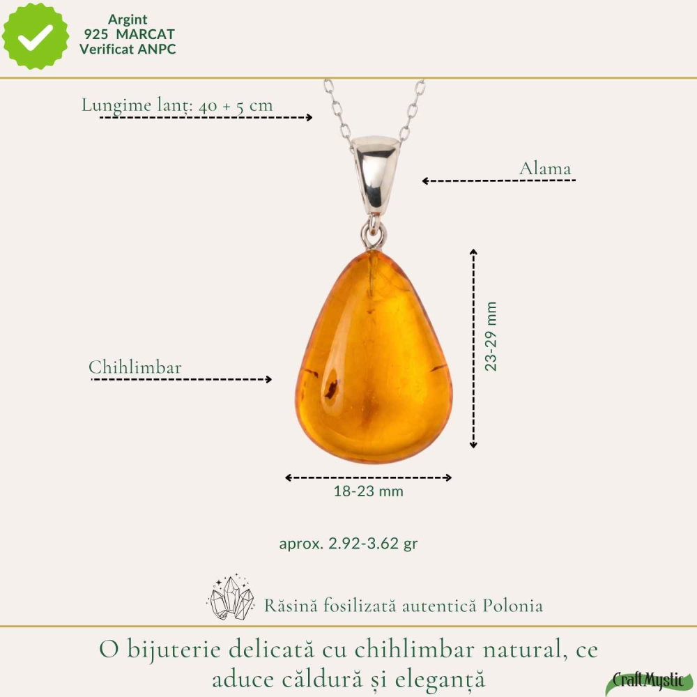 Colier cu Chihlimbar Natural in Forma de Lacrima si Lant din Argint 925 – Caldura si Energie Pozitiva [4]