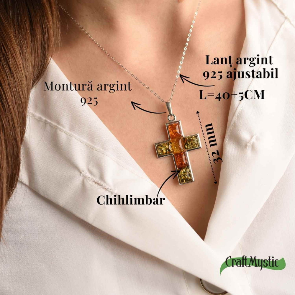 Colier argint 925 cu chihlimbar natural - crucea protectiei [4]