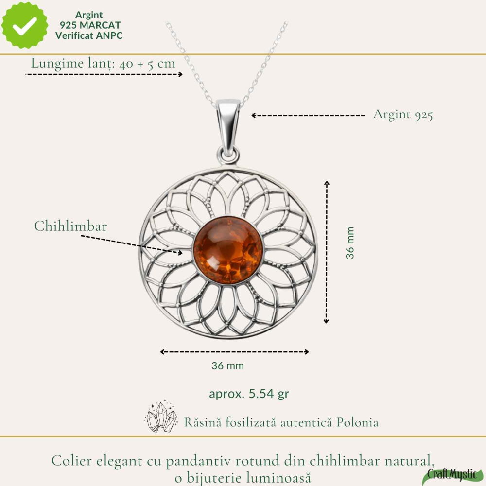 Colier Argint 925 cu Floare Mare din Chihlimbar Natural – Energie Calda si Feminitate [4]