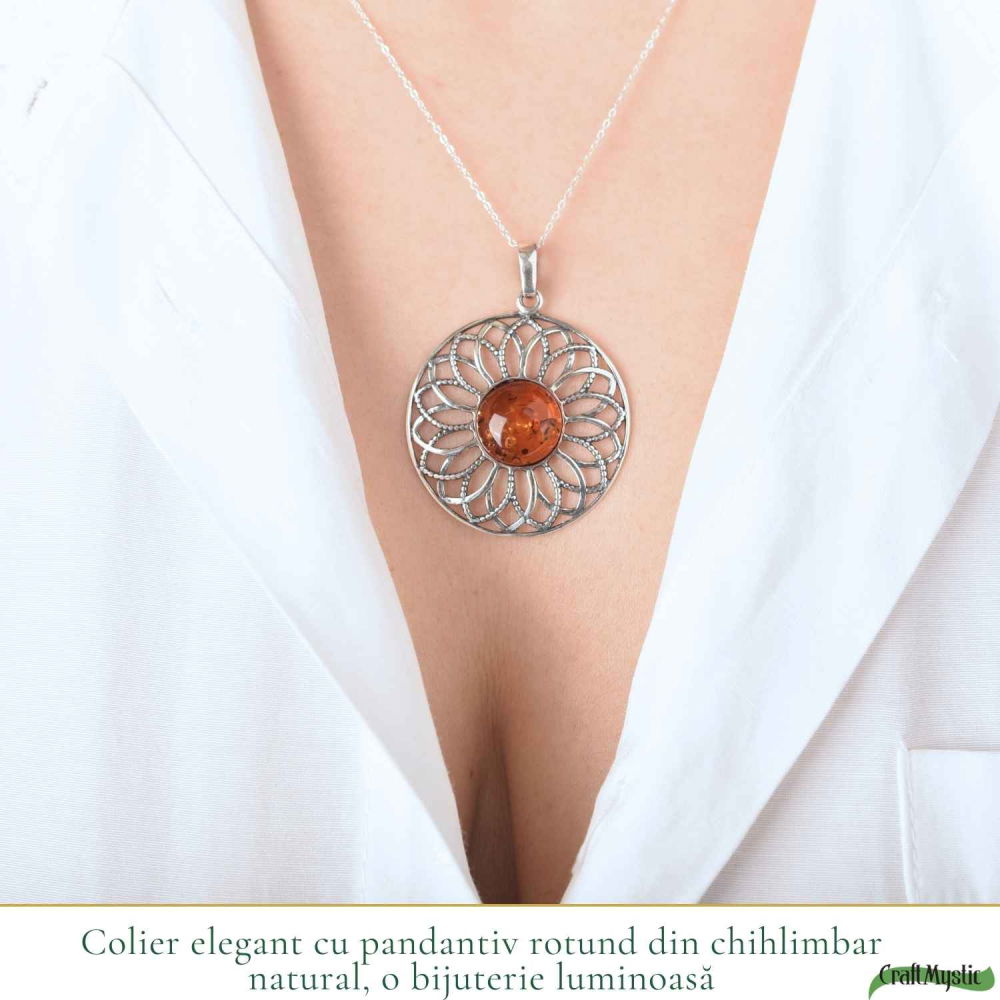 Colier Argint 925 cu Floare Mare din Chihlimbar Natural – Energie Calda si Feminitate [2]