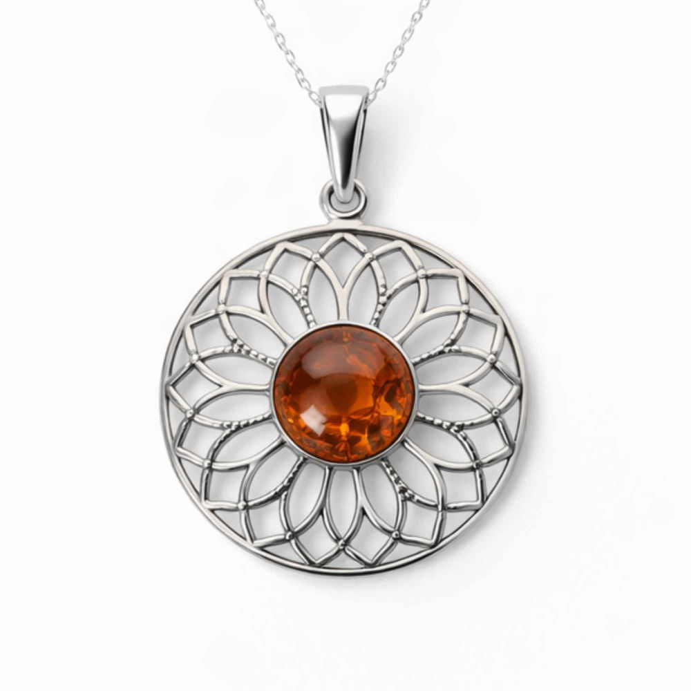 Colier Argint 925 cu Floare Mare din Chihlimbar Natural – Energie Calda si Feminitate [1]