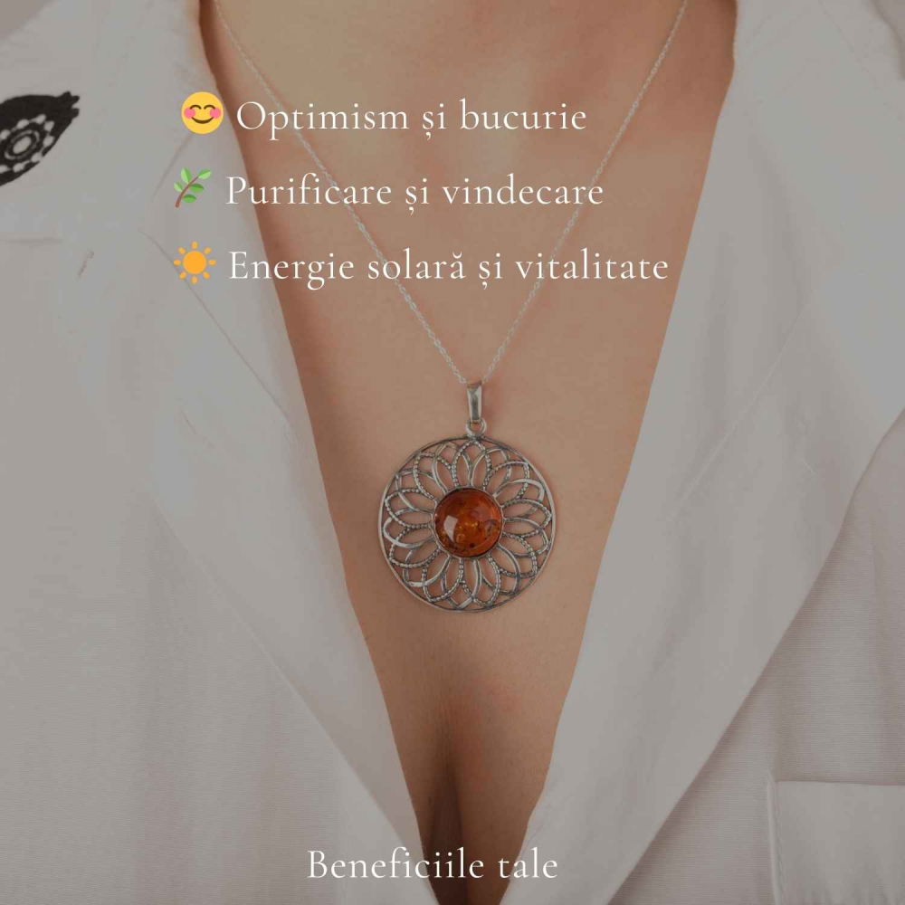 Colier Argint 925 cu Floare Mare din Chihlimbar Natural – Energie Calda si Feminitate [3]