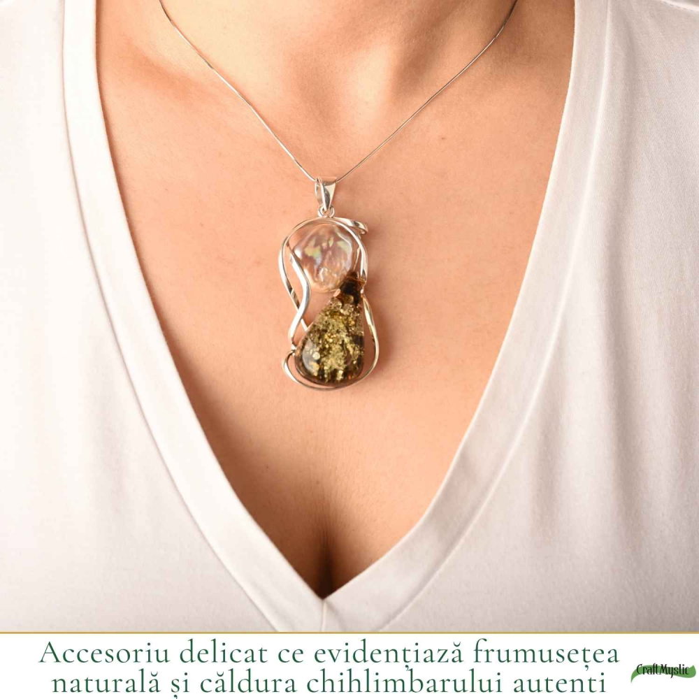 Colier Argint 925 cu Chihlimbar Verde si Perla – Eleganta si Feminitate [2]