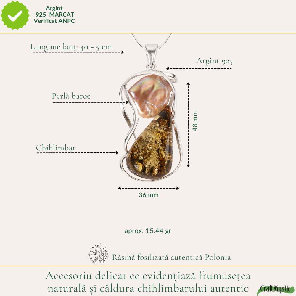 Colier Argint 925 cu Chihlimbar Verde si Perla – Eleganta si Feminitate [4]