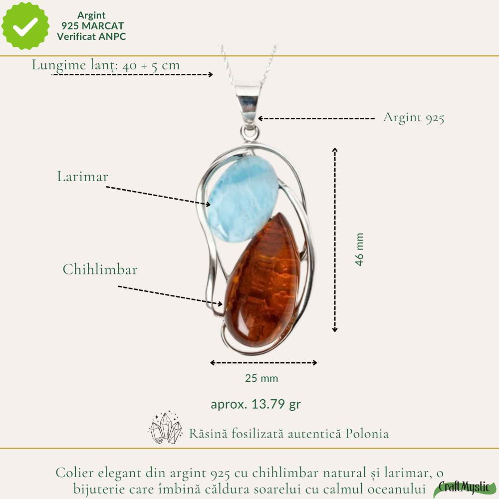 Colier Argint 925 cu Chihlimbar si Larimar Natural – Armonie si Energie Luminoasa [4]