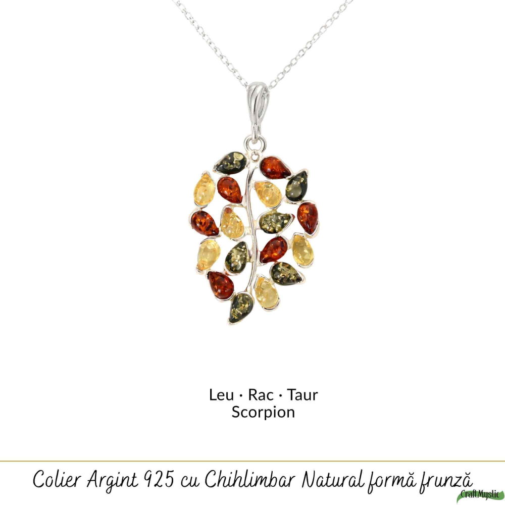 Colier argint 925 frunza si chihlimbar multicolor natural – Vitalitate si protectie [5]