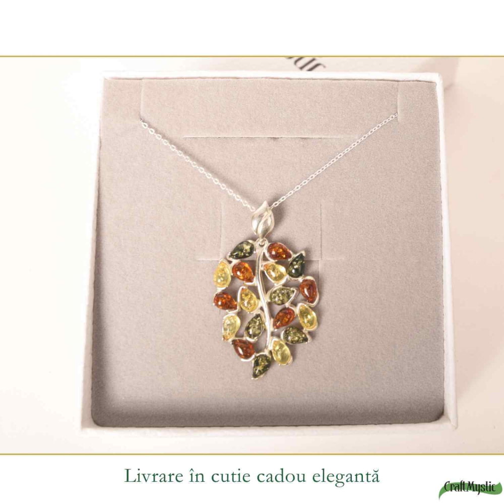 Colier argint 925 frunza si chihlimbar multicolor natural – Vitalitate si protectie [6]