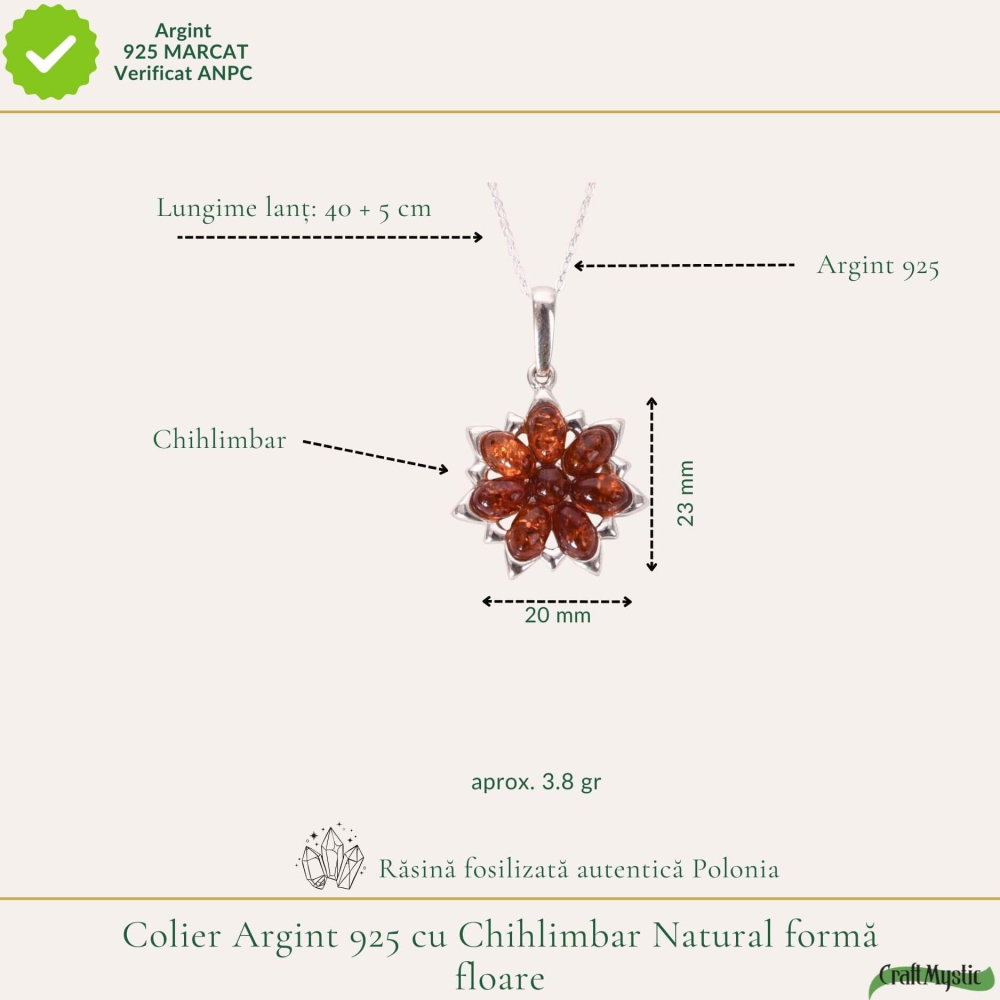 Colier argint 925 cu floare si chihlimbar natural – Energie solara si feminitate [4]
