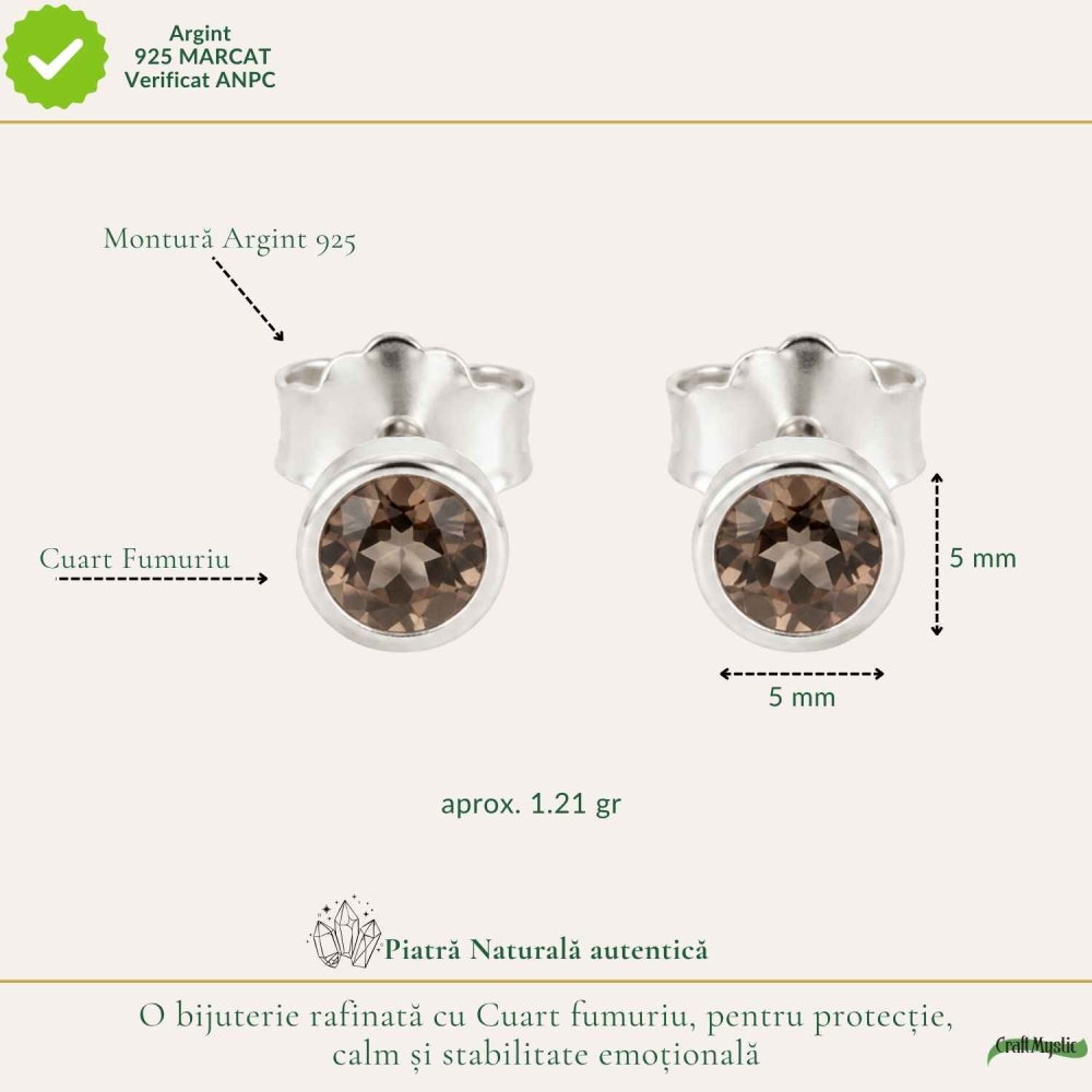 Cercei Argint 925 cu Cuart Fumuriu Fatetat Rotund – Protectie si Echilibru [4]