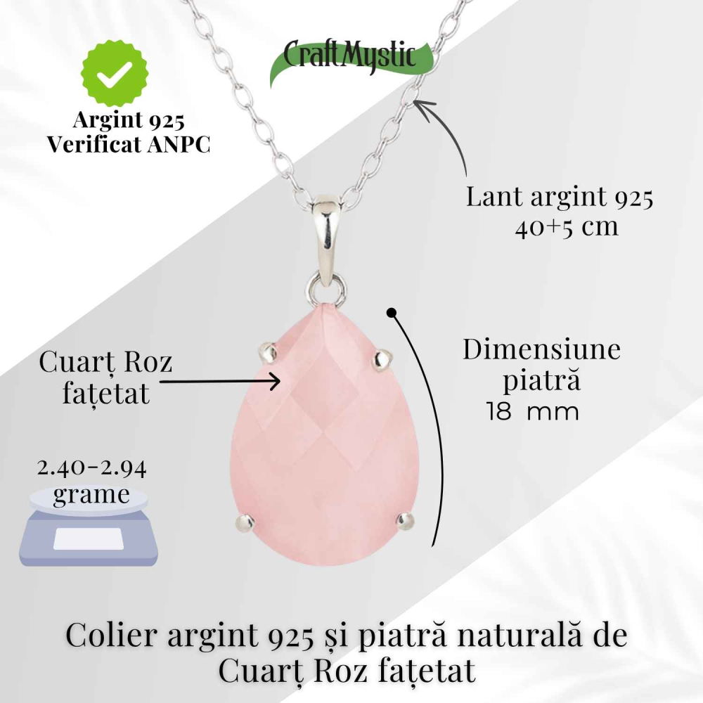 Colier Argint 925 cu Cuart Roz Lacrima – Iubire, Vindecare si Armonie Interioara [4]