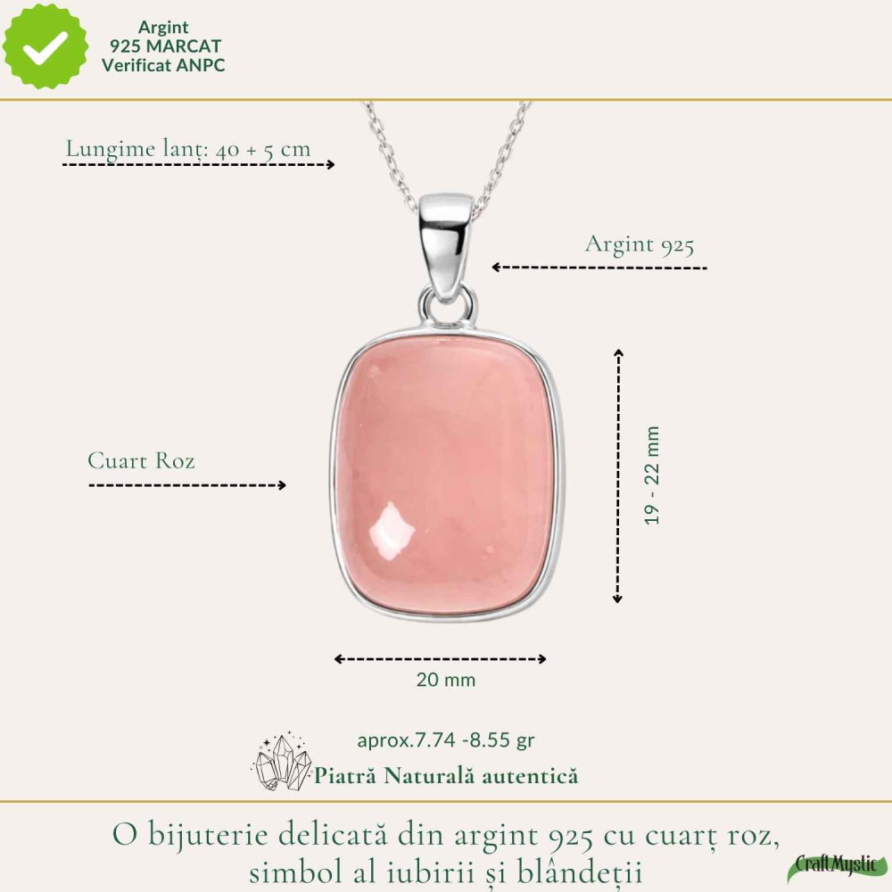 Colier argint 925 cu Cuart Roz patrat – iubire de sine si echilibru emotional [4]