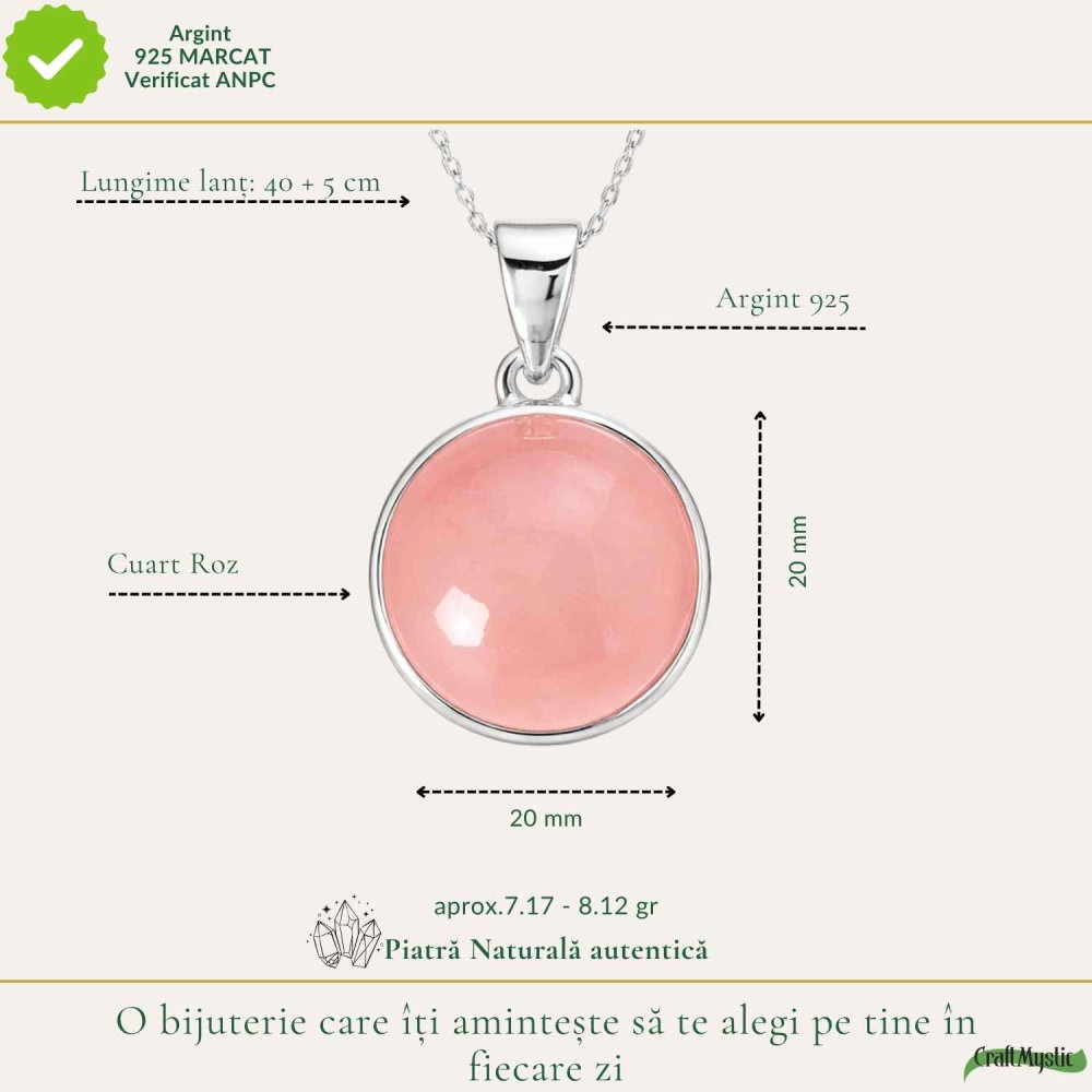 Colier argint 925 cu Cuart Roz rotund – iubire de sine si armonie interioara [4]