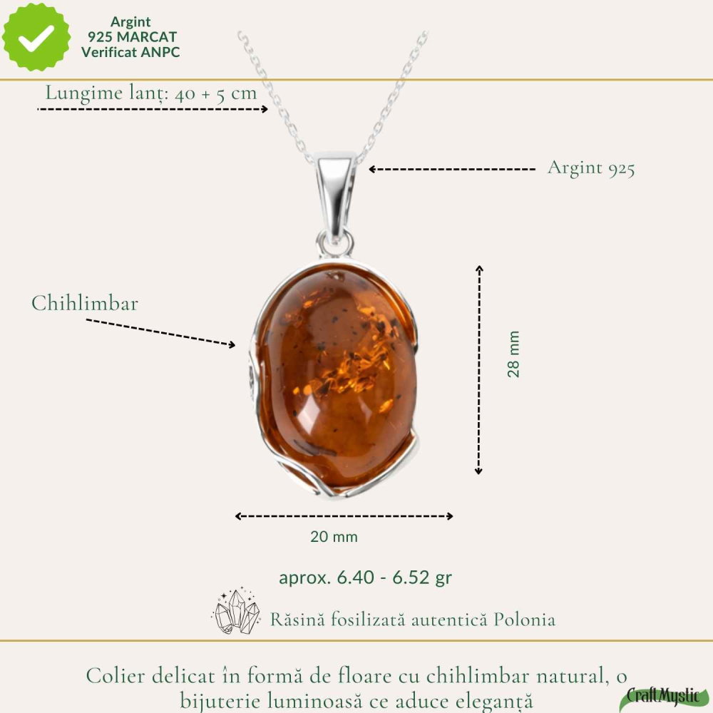 Colier Argint 925 cu Chihlimbar Natural Oval Mare – Energie Calda si Echilibru [4]