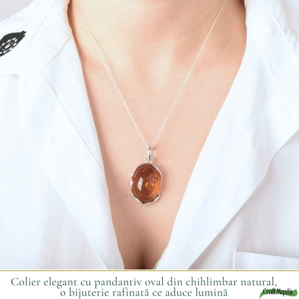 Colier Argint 925 cu Chihlimbar Natural Oval Mare – Energie Calda si Echilibru [2]