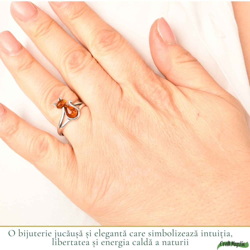 Inel Argint 925 Pisica cu Chihlimbar Natural – Intuitie, Energie Calda si Farmec [2]