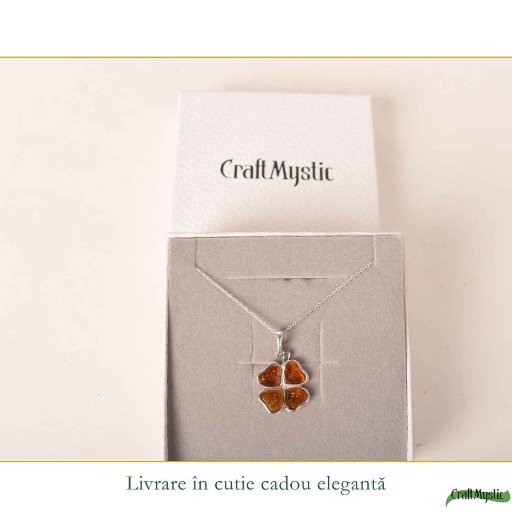 Colier Argint 925 cu Trifoi din Chihlimbar Natural – Noroc, Energie Calda si Protetie [6]