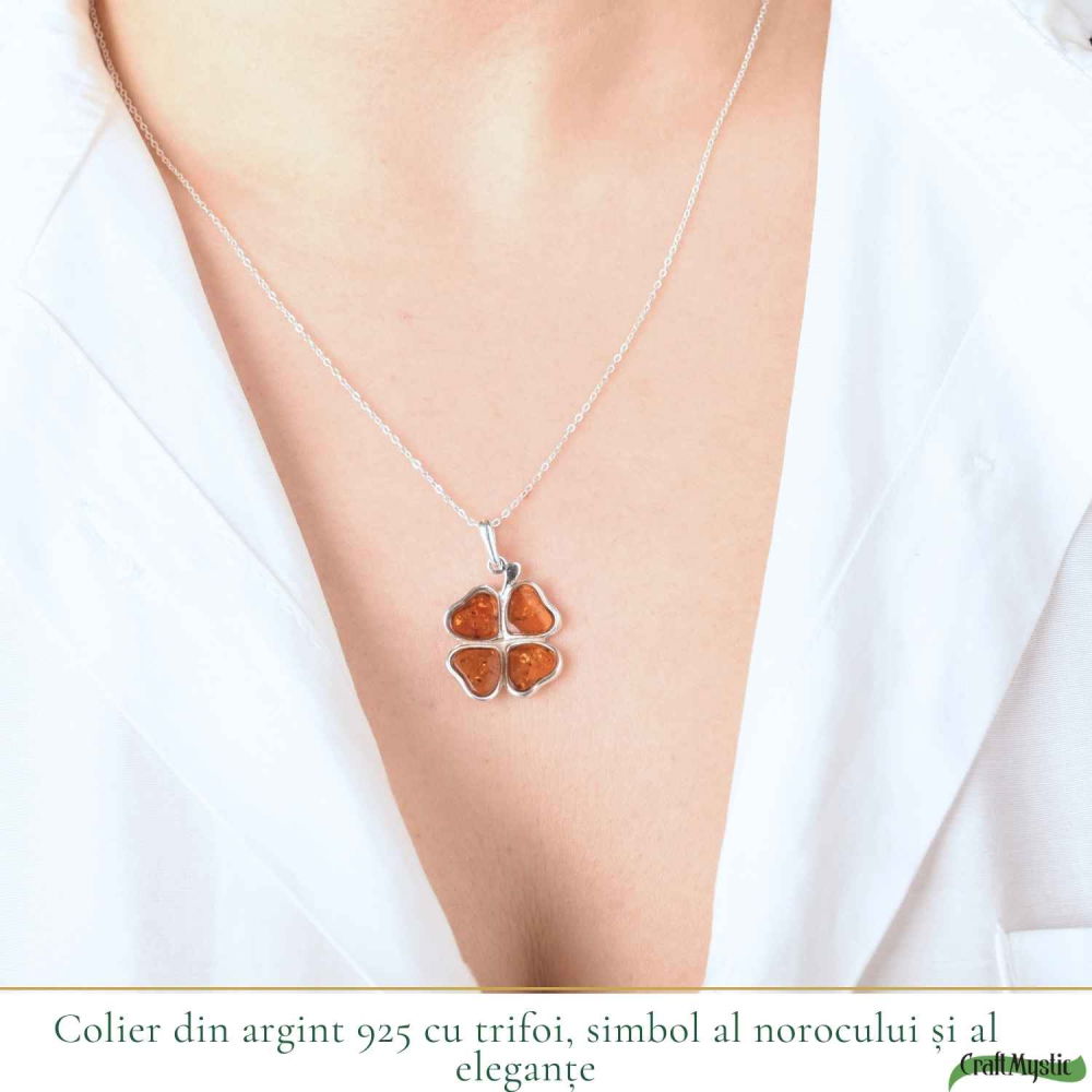 Colier Argint 925 cu Trifoi din Chihlimbar Natural – Noroc, Energie Calda si Protetie [2]