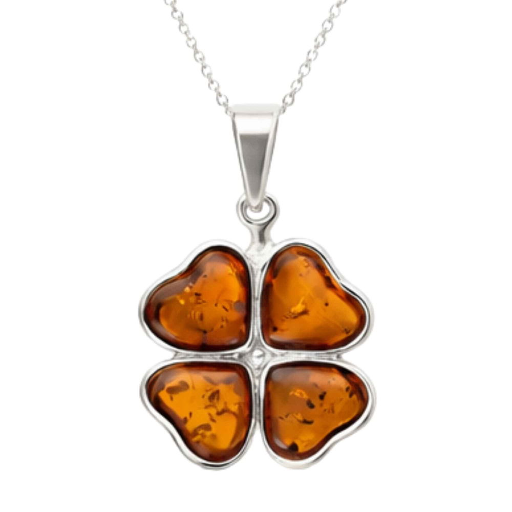 Colier Argint 925 cu Trifoi din Chihlimbar Natural – Noroc, Energie Calda si Protetie [1]