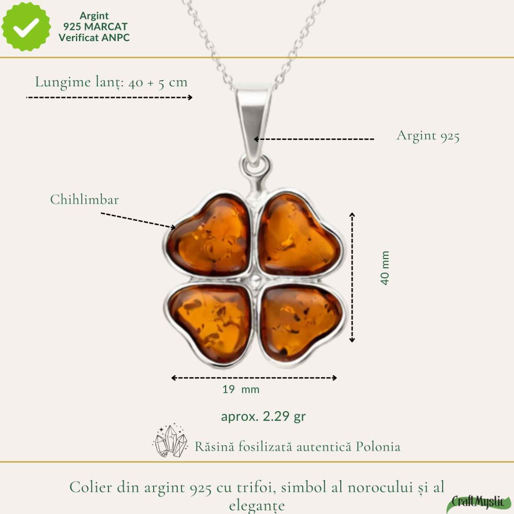 Colier Argint 925 cu Trifoi din Chihlimbar Natural – Noroc, Energie Calda si Protetie [4]