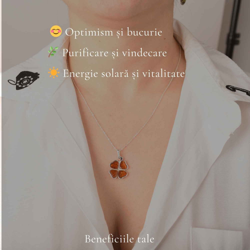 Colier Argint 925 cu Trifoi din Chihlimbar Natural – Noroc, Energie Calda si Protetie [3]