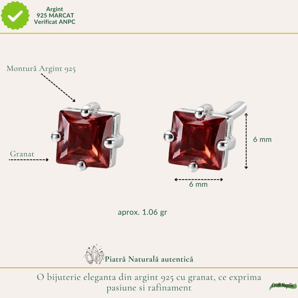 Cercei Argint 925 cu Granat fatetat Patrat – Energie, Pasiune si Incredere [4]