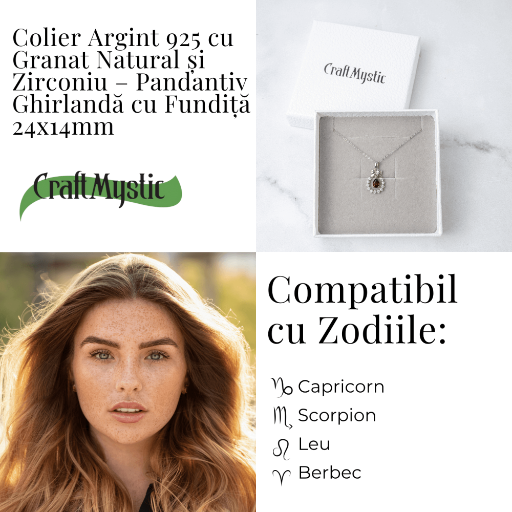 Colier Argint 925 cu Granat Natural si Zirconiu – Pandantiv Ghirlanda cu Fundita, Simbol al Energiei si Protectiei [4]
