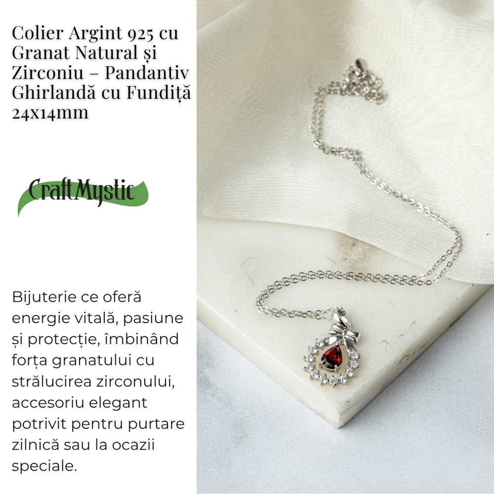 Colier Argint 925 cu Granat Natural si Zirconiu – Pandantiv Ghirlanda cu Fundita, Simbol al Energiei si Protectiei [3]
