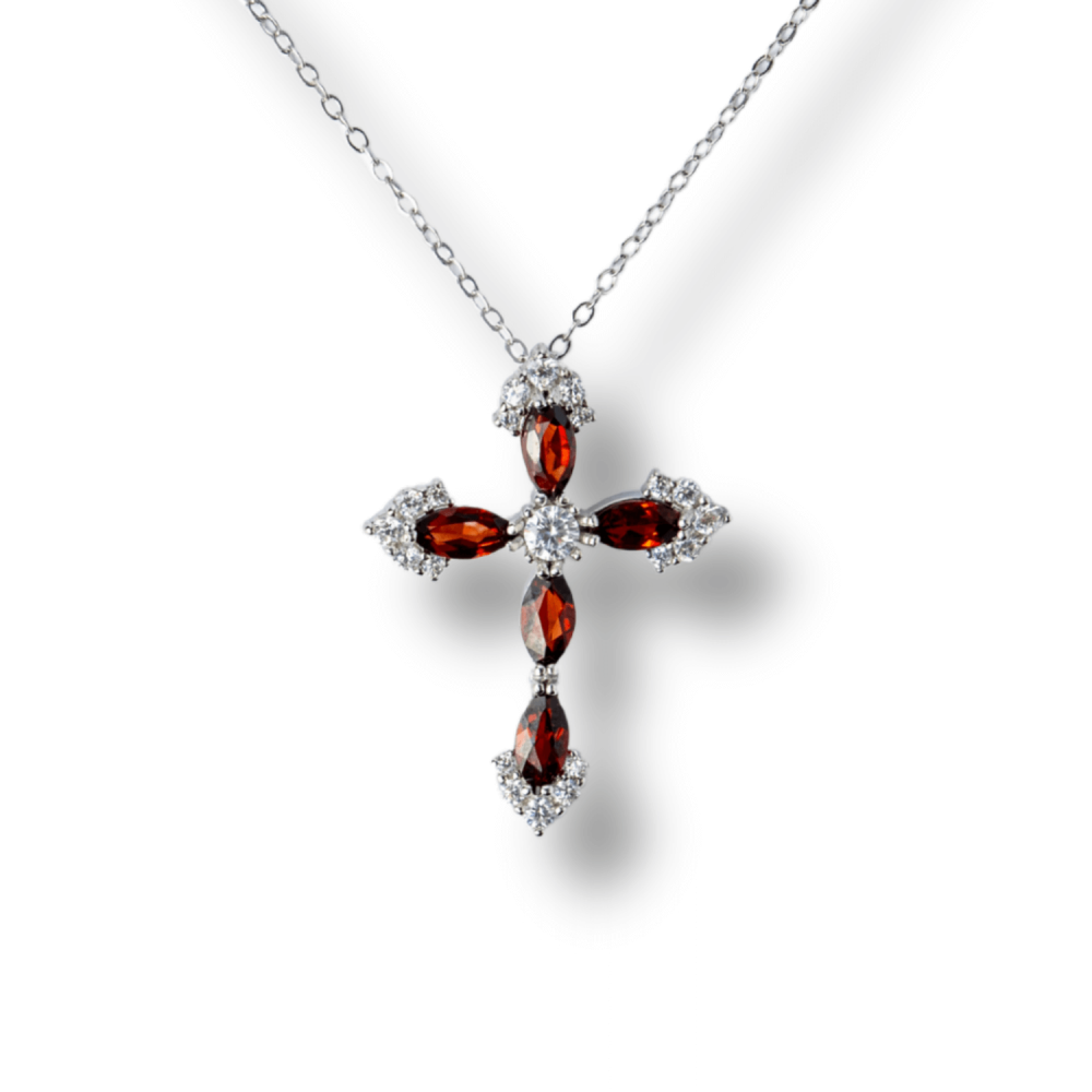 Colier Argint 925 cu Crucifix din Granat Natural si Zirconiu – Simbol al Energiei Vitale, Pasiunii si Protectiei Interioare [1]