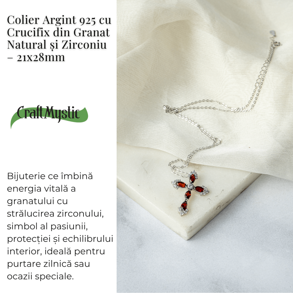 Colier Argint 925 cu Crucifix din Granat Natural si Zirconiu – Simbol al Energiei Vitale, Pasiunii si Protectiei Interioare [3]