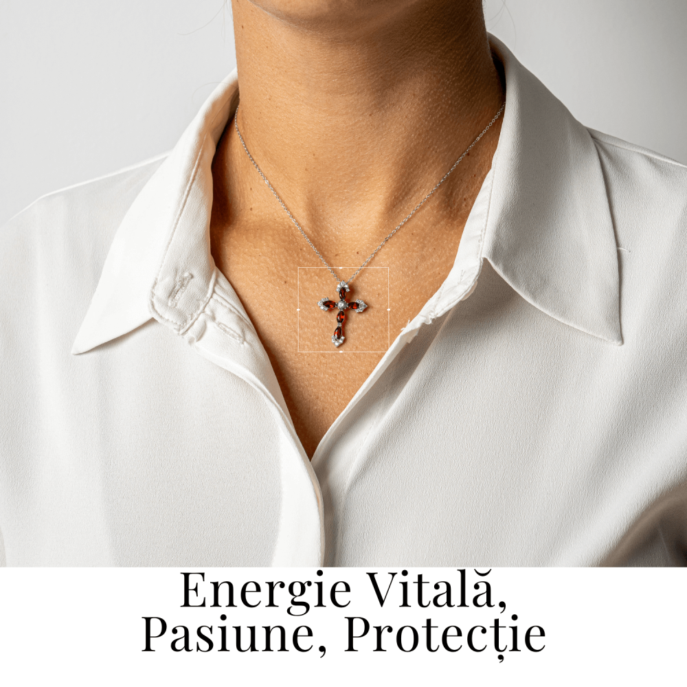 Colier Argint 925 cu Crucifix din Granat Natural si Zirconiu – Simbol al Energiei Vitale, Pasiunii si Protectiei Interioare [2]