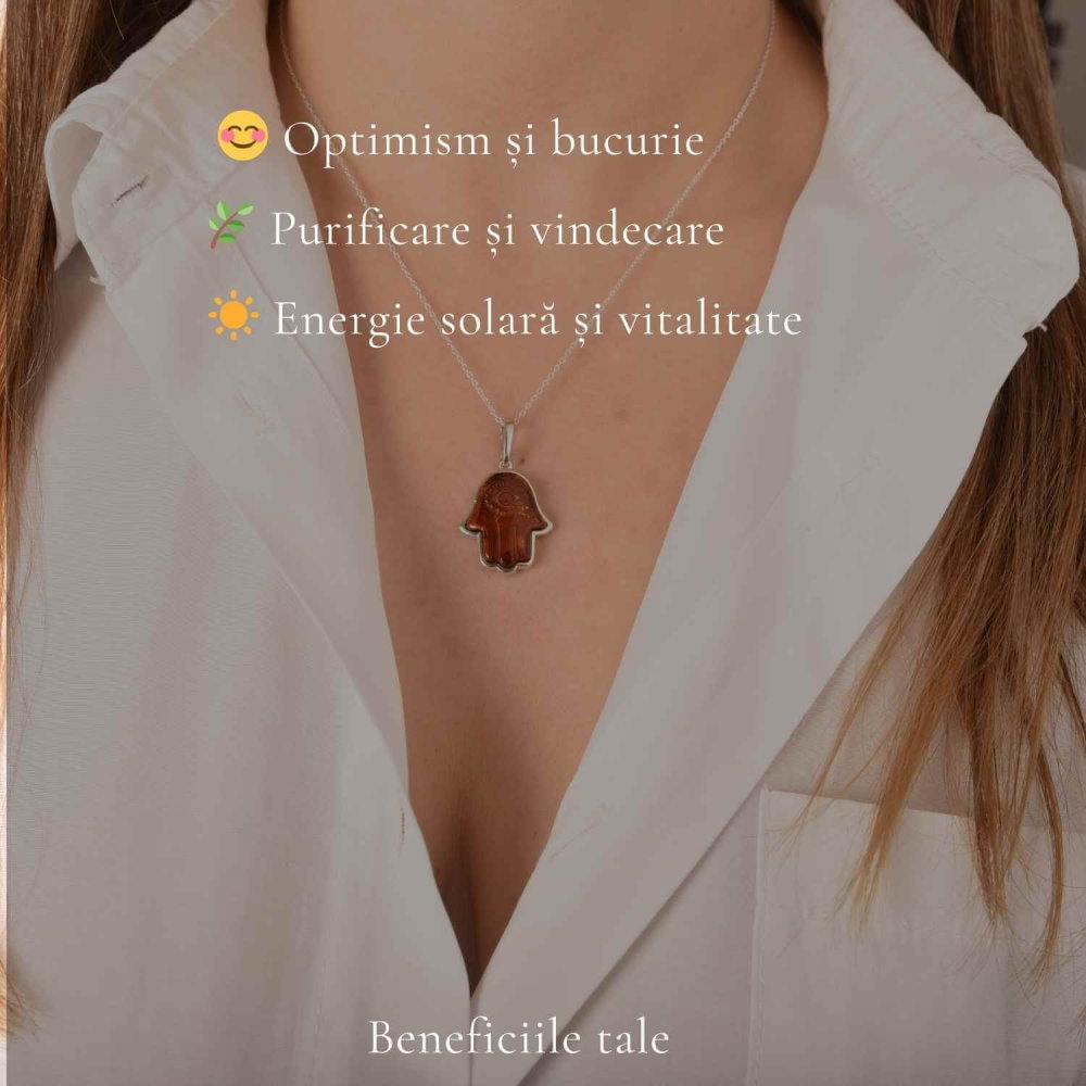 Colier argint 925 cu Mana lui Fatima si chihlimbar natural – Protectie si vitalitate [3]