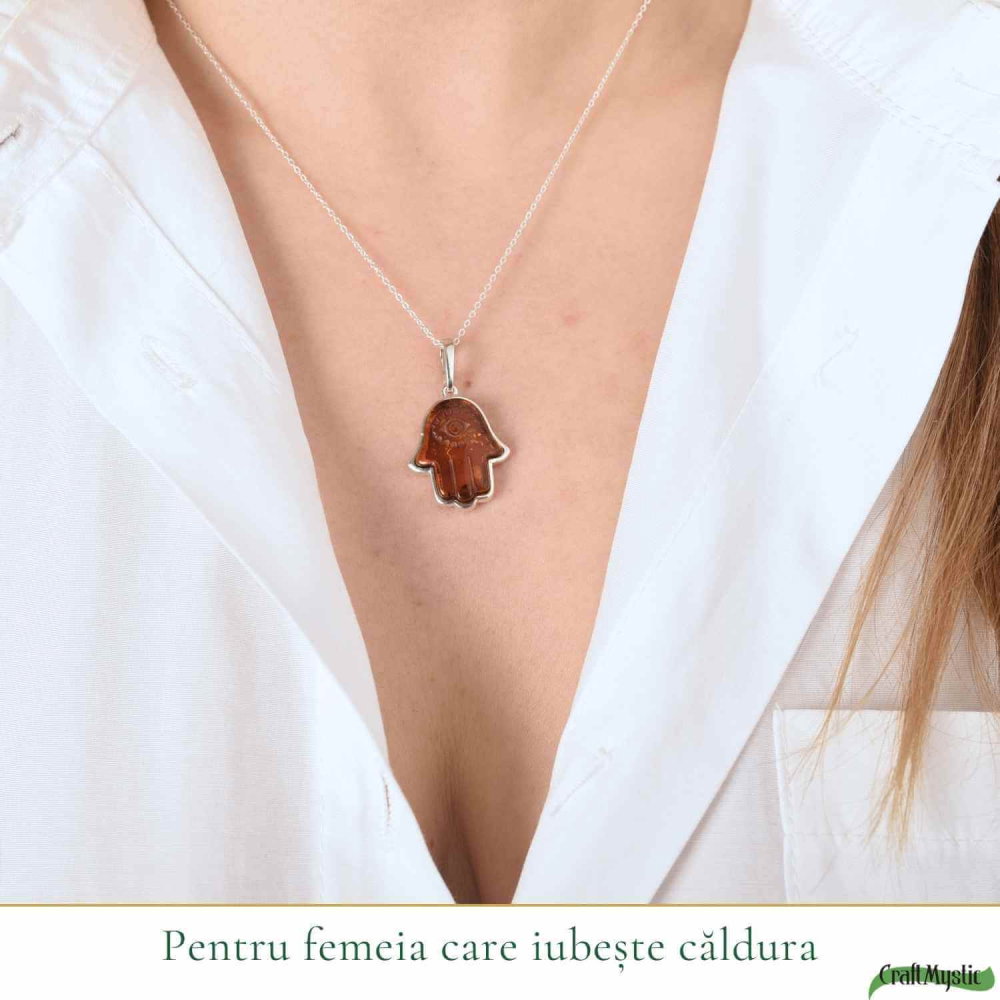 Colier argint 925 cu Mana lui Fatima si chihlimbar natural – Protectie si vitalitate [2]