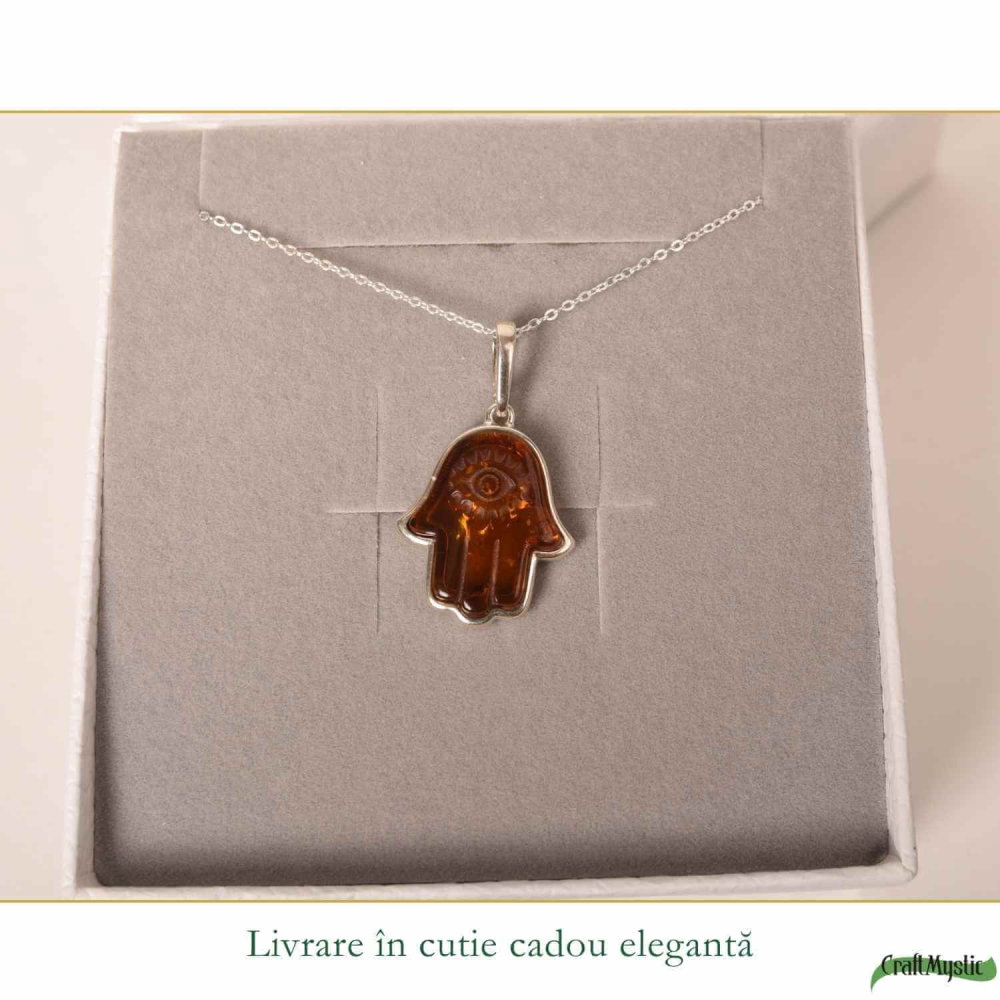 Colier argint 925 cu Mana lui Fatima si chihlimbar natural – Protectie si vitalitate [6]