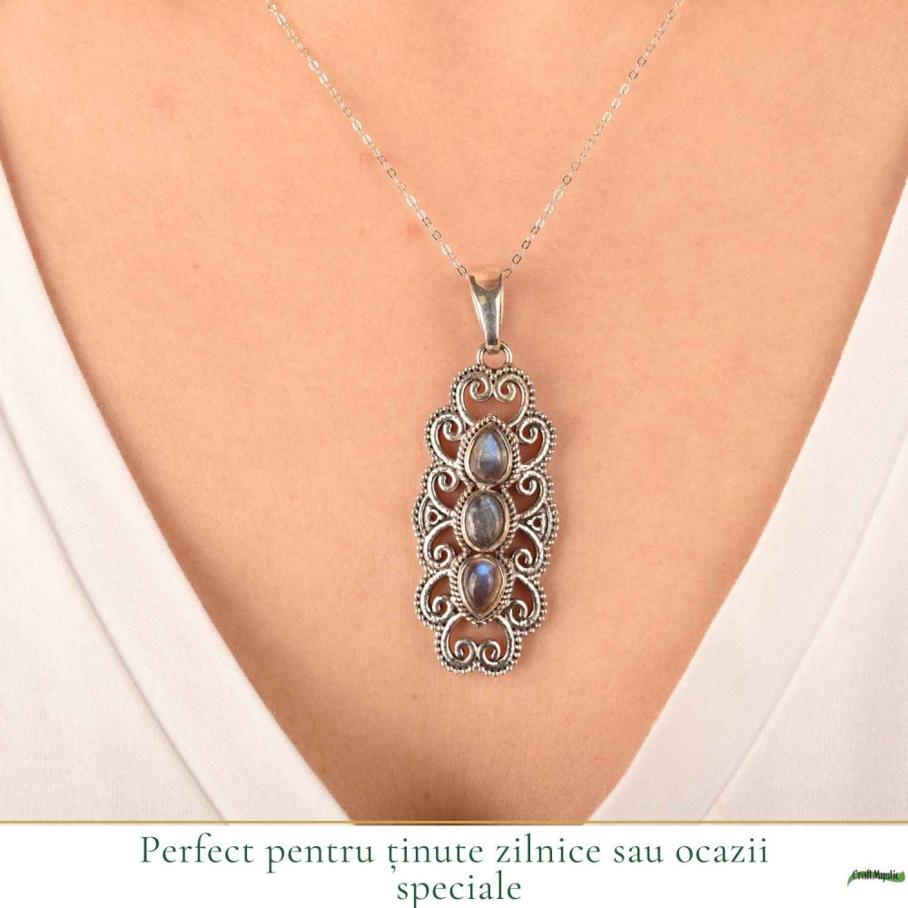 Colier Argint 925 cu Labradorit Triplu forma de Floare – Protectie si Intuitie [2]