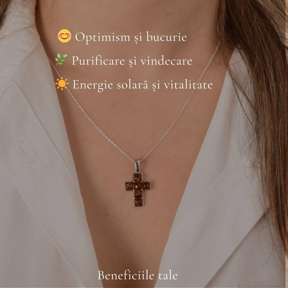 Colier argint 925 cu cruce si chihlimbar natural – Protectie si energie solara [3]
