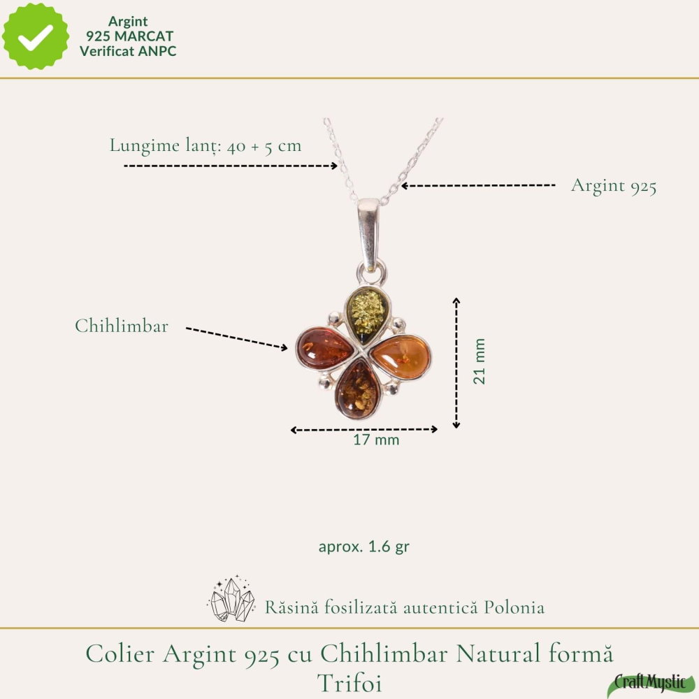 Colier argint 925 cu trifoi si chihlimbar natural – Energie solara si noroc [4]
