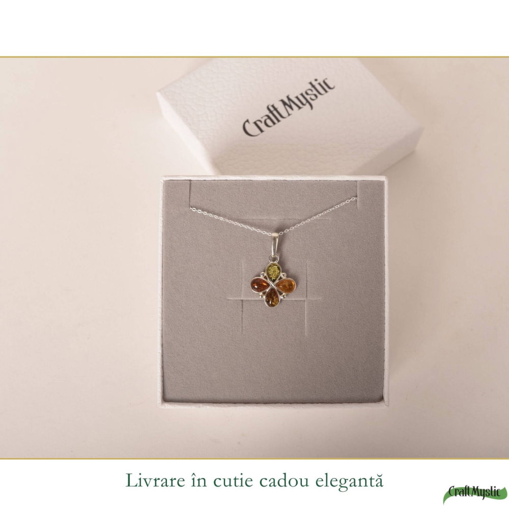 Colier argint 925 cu trifoi si chihlimbar natural – Energie solara si noroc [6]