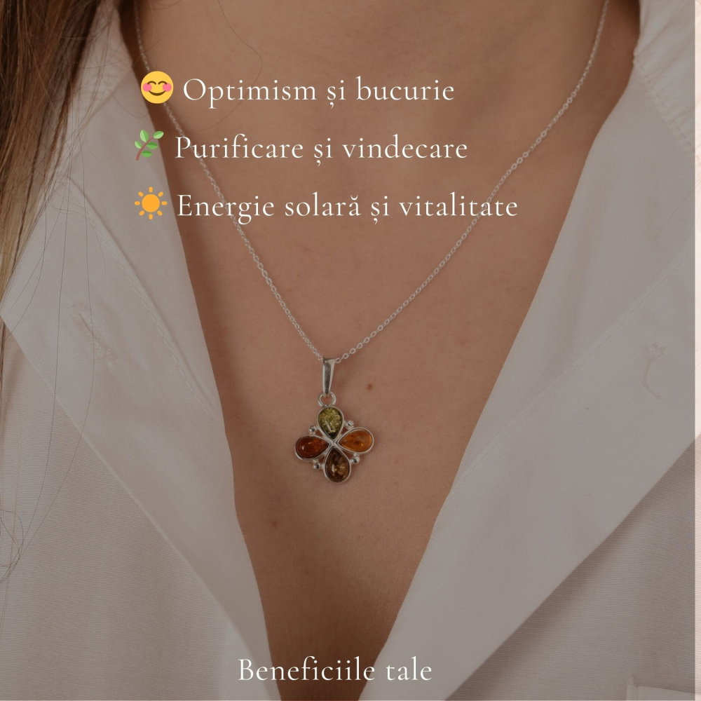 Colier argint 925 cu trifoi si chihlimbar natural – Energie solara si noroc [3]