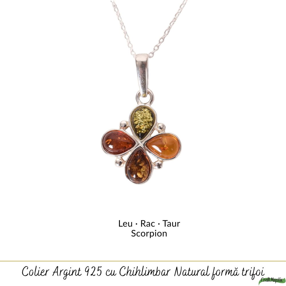 Colier argint 925 cu trifoi si chihlimbar natural – Energie solara si noroc [5]