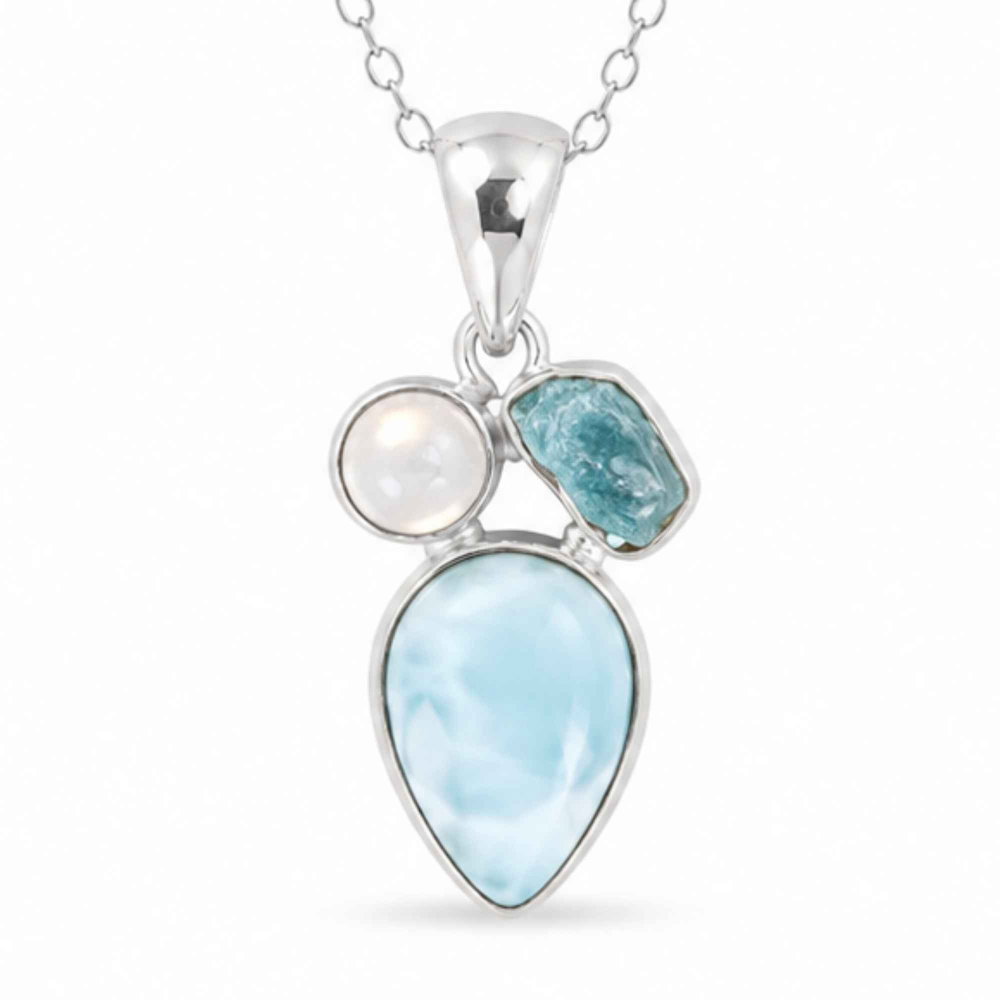 Colier Argint 925 cu Larimar, Apatit Albastru si Piatra Lunii Floare – Feminitate si Calm [1]